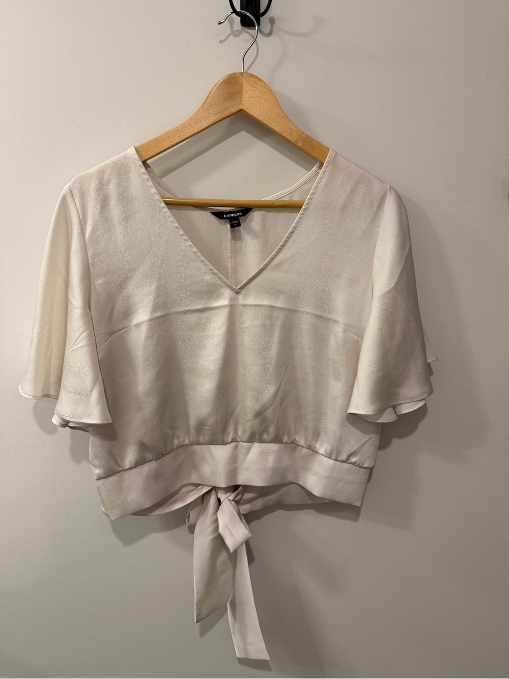 Women’s Express Cream V-Neck Satin Tie-Front Top